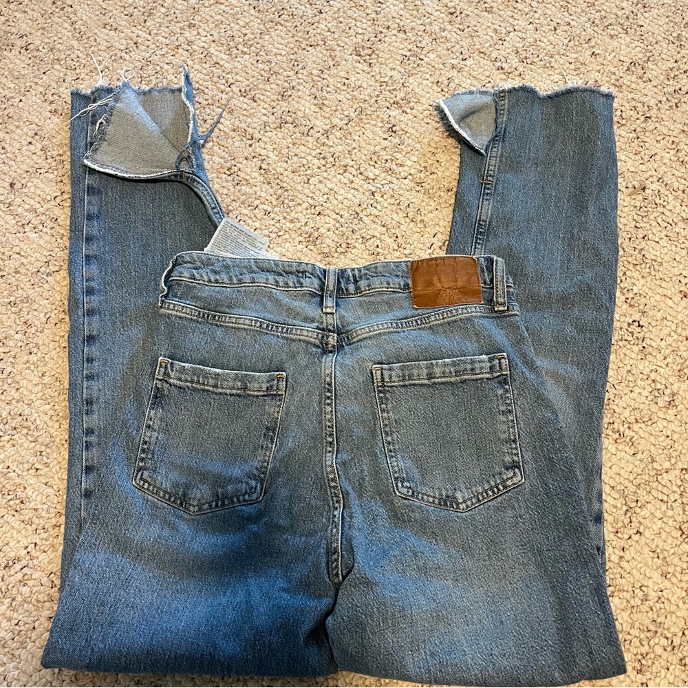 ZARA High Rise Slim Flared Jeans Slits Light Wash Raw Hem
